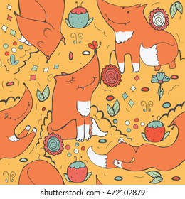 Seamless vector pattern with cute ginger foxes and flowers on yellow background. Hand drawn illustration decorated with doodle flowers and butterflies. Kind childish texture.