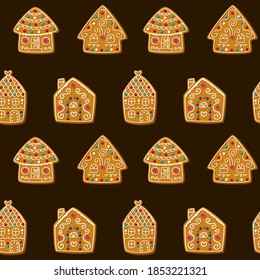 Seamless vector pattern with cute gingerbread houses. Christmas cookies on a brown background.Vector