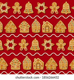 Seamless vector pattern with cute gingerbread man, star, houses. Christmas cookies on a red background.