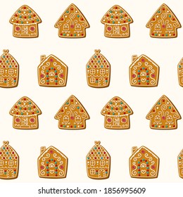 Seamless vector pattern with cute gingerbread houses. Christmas cookies on white background. Vector