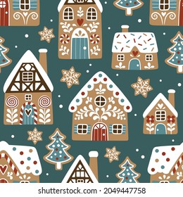 Seamless Vector Pattern With Cute Gingerbread Houses And Cookies On Dark Grey Background. Perfect For Textile, Wallpaper Or Print Design.