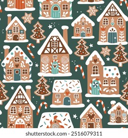 Seamless vector pattern with cute gingerbread houses and cookies. Hand drawn Christmas gingerbread village. EPS 10 vector file. Perfect for textile, wallpaper or print design.