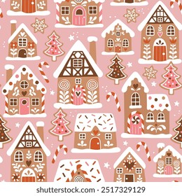 Seamless vector pattern with cute gingerbread houses and cookies. Hand drawn Christmas gingerbread village. EPS 10 vector file. Perfect for textile, wallpaper or print design.