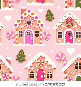 Seamless vector pattern with cute gingerbread houses.