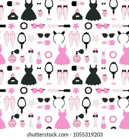 Seamless vector pattern with cute girl essentials including cosmetics, clothing, jewelry and perfumes. Good for wrapping paper, greeting cards, banners, etc.