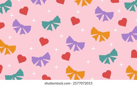 Seamless vector pattern of cute girl with hearts and colorful bows. Cute feminine background. Modern print for gift wrapping, holiday decorations, packaging, fabric and textiles.