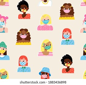 Seamless vector pattern of cute girls wearing stylish fabric masks. Fashionable virus or air pollution protection. Swatch included.