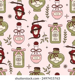 Seamless vector pattern with cute glass potion bottles with bows and ribbons. Coquette style magic love elixirs on pink background. Witchcraft and alchemy wallpaper, wrapping paper, textile