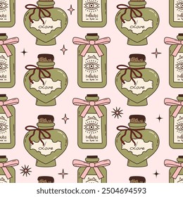 Seamless vector pattern with cute glass potion bottles. Coquette style magic love elixirs with bows and ribbons on pink background. Witchcraft and alchemy wallpaper, wrapping paper, textile