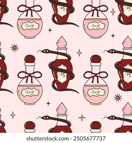 Seamless vector pattern with cute glass potion bottles. Magic elixirs with bows and snake on pink background. Witchcraft and alchemy wallpaper, wrapping paper, textile