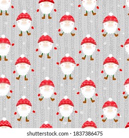 Seamless vector pattern with cute gnomes. For wrapping paper, textiles, fabric and design idea for christmas.