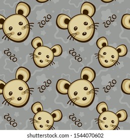 Seamless vector pattern with cute gold mouses on gray background with stars. Template for new year decoration, fabric and wrapping. Chinese zodiac sign 2020.