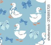 Seamless vector pattern with cute goose and bows. Hand drawn white geese with ribbon. Perfect for textile, wallpaper or nursery print design. EPS10 vector file. 