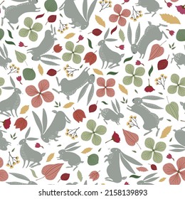 Seamless vector pattern with cute gray hare, bunny, rabbit and flowers. Graphic, plant, herbal print. 