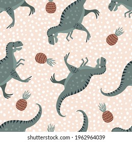 Seamless vector pattern with cute green dinosaurs and pineapples. Creative animal texture. Great for baby fabrics, textiles and designs