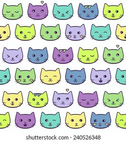 Seamless vector pattern with cute green, yellow, violet, blue freehand emotional cats on white background 