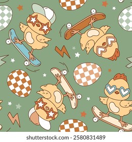 Seamless vector pattern with cute groovy chickens on skateboard and Easter eggs. Hand drawn boho illustration. Perfect for textile, wallpaper or nursery print design. EPS10 vector file.