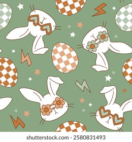 Seamless vector pattern with cute groovy rabbit and Easter eggs. Hand drawn boho illustration. Perfect for textile, wallpaper or nursery print design. EPS10 vector file.