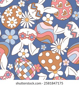 Seamless vector pattern with cute groovy rabbit and Easter eggs. Hand drawn boho illustration. Perfect for textile, wallpaper or nursery print design. EPS10 vector file.