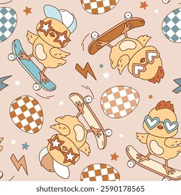 Seamless vector pattern with cute groovy chickens on skateboard and Easter eggs. Hand drawn boho illustration. Perfect for textile, wallpaper or nursery print design. EPS10 vector file.