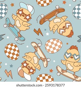 Seamless vector pattern with cute groovy chickens on skateboard and Easter eggs. Hand drawn boho illustration. Perfect for textile, wallpaper or nursery print design. EPS10 vector file.