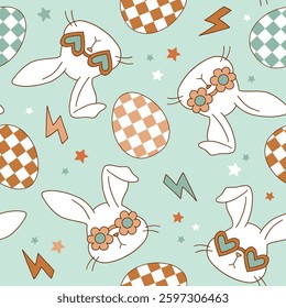 Seamless vector pattern with cute groovy rabbit and Easter eggs. Hand drawn boho illustration. Perfect for textile, wallpaper or nursery print design. EPS10 vector file.