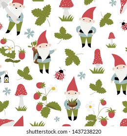 Seamless vector pattern with cute gsrdening gnomes on white background.