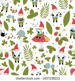 Seamless vector pattern with cute gsrdening gnomes.