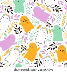 Seamless vector pattern with cute halloween ghosts and flowers. Hand drawn magic characters background. Simple friendly creatures floral texture