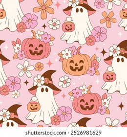 Padrão de vetor sem costura com fantasma de Halloween bonito, abóbora e flores. Personagens de Halloween desenhados à mão. Arquivo de vetor EPS 10. Perfeito para design têxtil, papel de parede ou impressão.