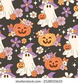 Padrão de vetor sem costura com fantasma de Halloween bonito, abóbora e flores. Personagens de Halloween desenhados à mão. Arquivo de vetor EPS 10. Perfeito para design têxtil, papel de parede ou impressão.