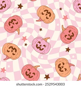 Seamless vector pattern with cute Halloween pumpkin on checkered background. Hand drawn retro Halloween character. EPS 10 vector file. Perfect for textile, wallpaper or print design.