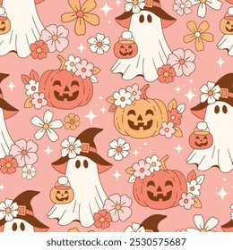 Seamless vector pattern with cute Halloween ghost, pumpkin and flowers. Hand drawn retro Halloween characters. EPS 10 vector file. Perfect for textile, wallpaper or print design.