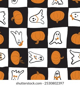 Padrão de vetor sem emenda com fantasmas de Halloween bonitos e abóboras no tabuleiro de xadrez preto e branco