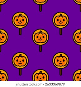 Seamless vector pattern of cute Halloween pumpkin lollipops on a vibrant purple background, perfect for festive designs and spooky celebrations.
