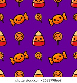 Seamless vector pattern with cute Halloween candy corn, lollipops and wrapped candies on a vibrant purple background, perfect for festive designs.