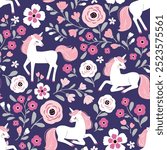 Seamless vector pattern with cute hand drawn unicorns on floral background. Perfect for textile, wallpaper or print design. EPS 10 vector file.