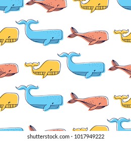 seamless vector pattern with cute hand drawn whales