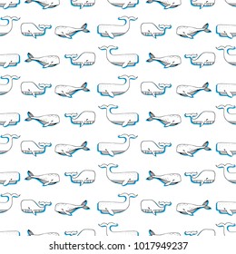 seamless vector pattern with cute hand drawn whales