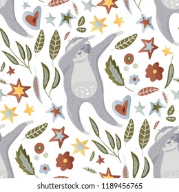 Seamless vector pattern with cute hand drawn sloth dancing dab dance among flowers, stars and leaves on a white background. Vector cool animal illustrations in a flat style with floral elements.