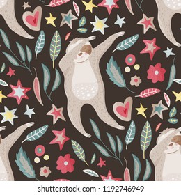 Seamless vector pattern with cute hand drawn sloth dancing dab dance among flowers, stars and leaves on a white background. Vector cool animal illustrations in a flat style with floral elements.