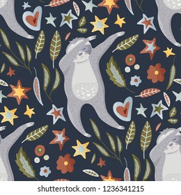 Seamless vector pattern with cute hand drawn sloth dancing dab dance among flowers, stars and leaves. Vector cool animal illustrations in a flat style with floral elements.