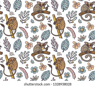 Seamless vector pattern with cute hand drawn nocturnal animals bushbaby and tarsier and floral elements.