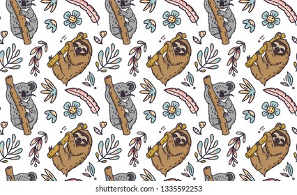 Seamless vector pattern. Cute hand drawn nocturnal animals koala and sloth with floral elements.