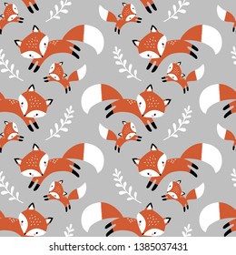 Seamless vector pattern with cute hand drawn foxes and leaves. Perfect for textile, wallpaper or print design. You can find the matching logo in my Woodland set.