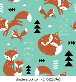 Seamless vector pattern with cute hand drawn foxes and geometric decoration. Perfect for textile, wallpaper or print design.