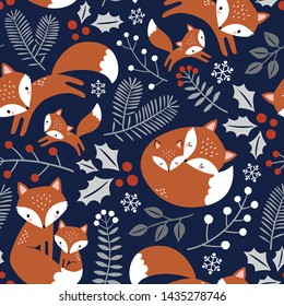 Seamless vector pattern with cute hand drawn fox family, leaves and snowflakes. Perfect for textile, wallpaper or print design.