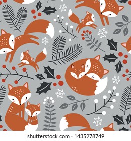 Seamless vector pattern with cute hand drawn fox family, leaves and snowflakes. Perfect for textile, wallpaper or print design.