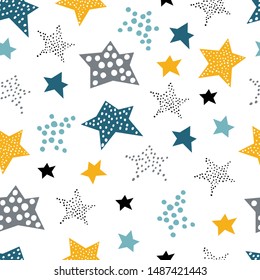 Seamless vector pattern with cute hand drawn stars. Scandinavian style illustration. 