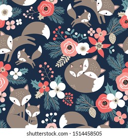 Seamless vector pattern with cute hand drawn fox family and flowers on dark blue background. Perfect for textile, wallpaper or print design.